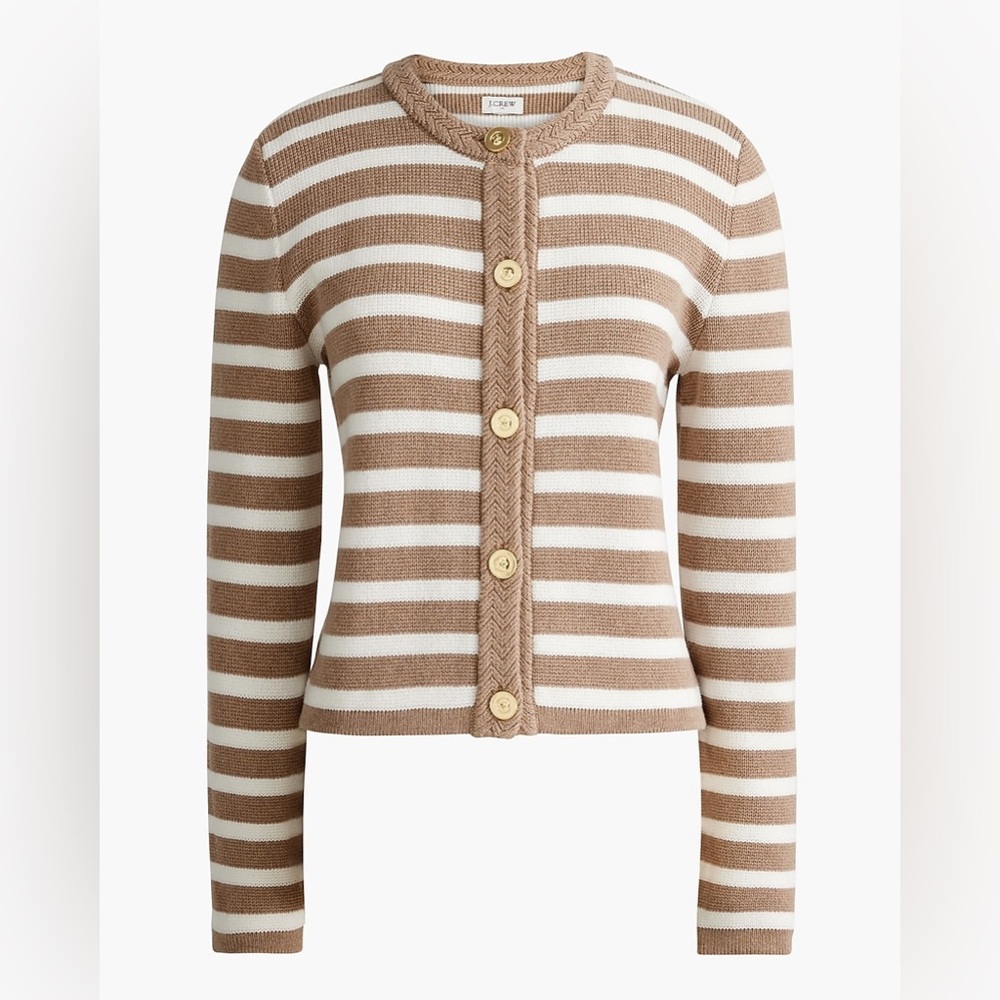 EUC J Crew Striped cotton lady jacket cardigan sweater Heather mushroom ivory s